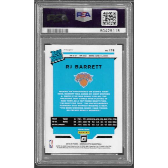 2019-20 Donruss Optic RJ Barrett Holo Prizm Rated Rookie RC #178 PSA 9 MINT - Picture 2 of 2